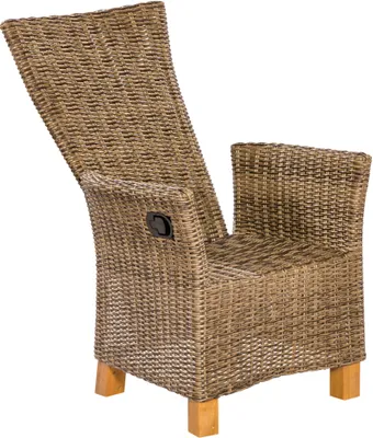 A single wicker chair with wooden legs against a white background.
