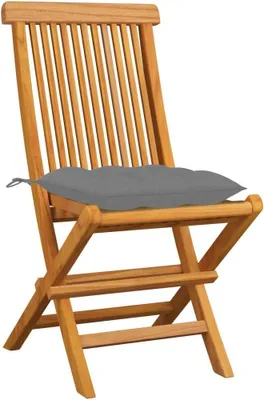 Produktbild von Klappbare Gartenstühle aus massivem Teakholz, 4 Stück, mit grauen Kissen und einer Belastbarkeit bis 110 kg