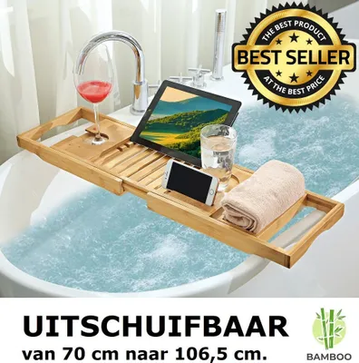 Produktbild von Decopatent Verstellbare Badewannenablage aus Bambus Holz - Badewannentablett / Badewannentisch Ausziehbar