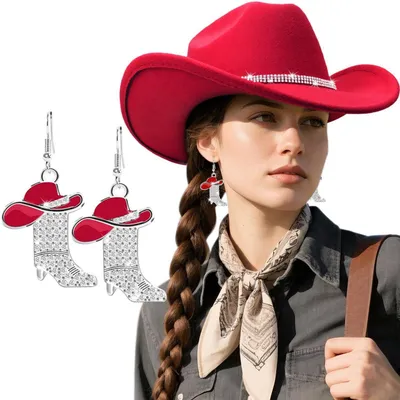 Produktbild von Fedora-Hut mit breiter Krempe und Ohrringe Set Damen Rot Strass Gürtelschnalle Retro Panama Schlapphut Baumwolle Polyester