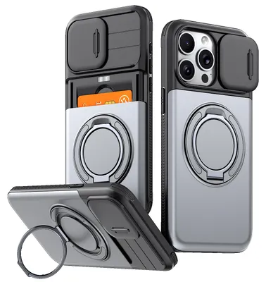 Produktbild von Handyhülle mit Kartenfach für iPhone 14 Pro Max, Schiebe Kameraschutz, Ringhalter Ständer, Stoßfeste Schutzhülle Grau
