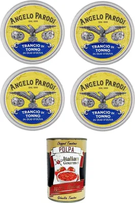 Produktbild von Angelo Parodi Trancio di Tonno in olio di Oliva Thunfischsteak in Olivenöl 4x150gr + Italian Gourmet Polpa di Pomodoro 400g