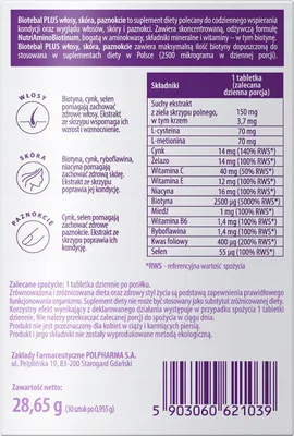 Zdjęcie produktu dla BIOTEBAL PLUS 30 tabletek mocne włosy skóra paznokcie z biotyną