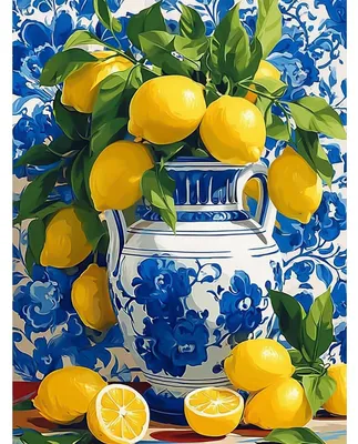 Produktbild von Diamantmalerei-Set – Motiv: Zitrone und blau-weiße Porzellanvase – Vollständig bestickt, 5D, DIY-Wanddekoration – 30x40 cm