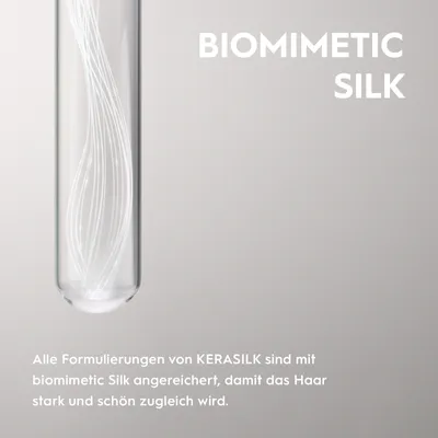 A close-up of a glass test tube containing white strands, with marketing text overlayed on a light gray background.