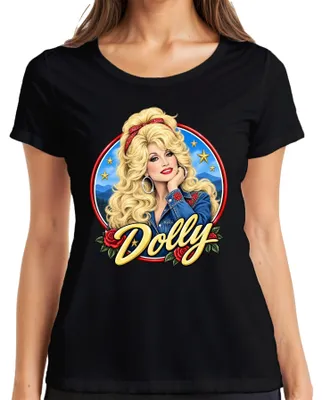 Obrázek produktu pro Tričko s potiskem "Dolly Parton", country zpěvačka, legenda, western, Tennessee, dámské, černé barvy, velikost S