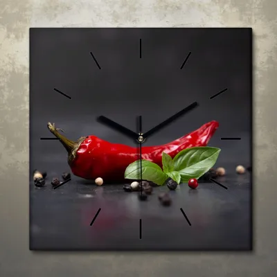 Produktbild von Wohnzimmer Leinwand Uhr Geräuschlos Küche 30x30 Paprika, Gemüse, Motive, schwarze Zeiger