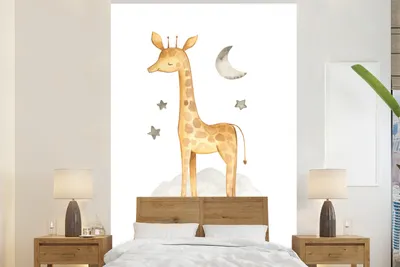 Produktbild von MuchoWow® Fototapete für Wohnzimmer oder Schlafzimmer Wandtapete Vinyl Motivtapete Giraffe - Mond - Sterne - 195x300 cm - Das Hintergrundbild