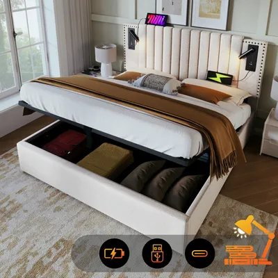 A bedroom scene featuring a bed with storage, bedside lamps, and charging devices.