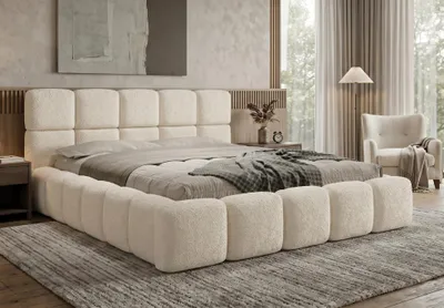 Produktbild von Polsterbett LOMBA 200x200 cm mit Bettkasten und Metall-Lattenrost – Bouclé Stoff Coral Creme