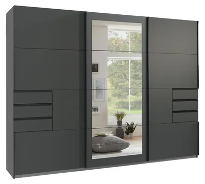 Produktbild von Schwebetürenschrank Kleiderschrank 273cm 3-trg. Passepartout Schubladen Spiegel Grafit / 22504