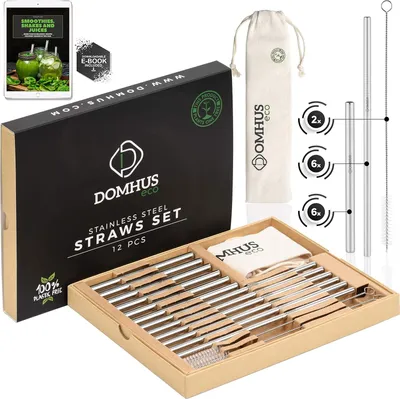 Zdjęcie produktu dla Zestaw wielokrotnego użytku słomek ze stali nierdzewnej, 12 metalowych słomek, 2 szczoteczki do czyszczenia