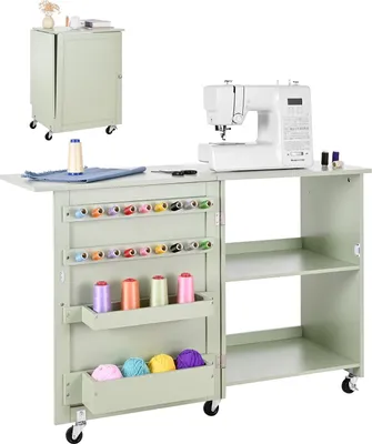 Produktbild von Nähtisch - Nähmaschinentisch klappbar - Platzsparend - Mit Ablagefächern - Mit Magnetverschluss - Mehrzweck für Atelier & Zuhause - Hellgrün