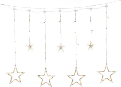 A string of LED lights shaped like stars against a white background.