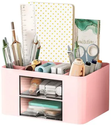 Image de Rangement en plastique pour enfants, support de bureau multifonctionnel avec tiroir, 7 compartiments, rangement de bureau avec compartiment à crayons pour la maison ou l'école, cadeau pour les filles