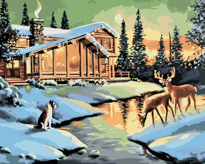 Image de Zuty - Peinture par numéros - CERF, CERF ET CHIEN PRÈS D'UNE CABANE (D. RUSTY RUST), 40 x 50 cm, toile tendue sur châssis