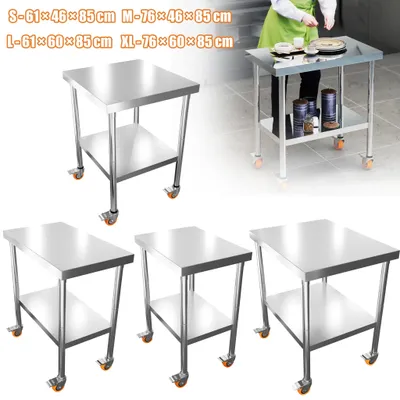 Image de Table de travail en acier inoxydable - Table de cuisine avec plan de travail en MDF - Montée sur roulettes - Étagère inférieure réglable - Capacité de charge : 300 kg - Dimensions : 61 × 46 × 85 cm