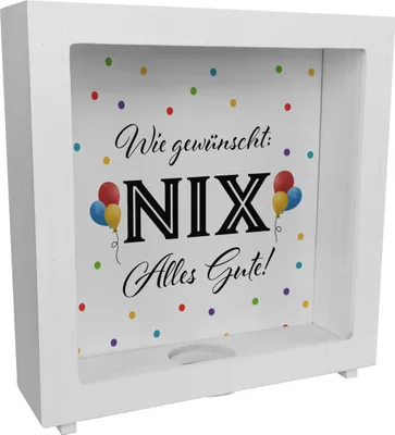 Produktbild von NIX gewünscht Rahmen Spardose aus Holz mit Spruch Alles Gute