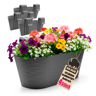 Produktbild von BigDean 4X Blumenkasten Balkongeländer 50cm Blumenkästen mit Wasserspeicher Balkonkasten mit Halterung Anthrazit mit Struktur