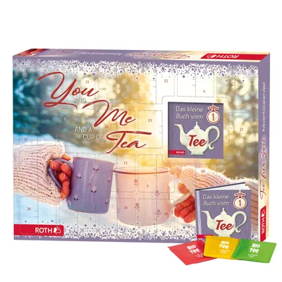 A ROTH advent calendar for tea, featuring two mugs and small tea packets.