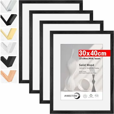Obrázek produktu pro Sada čtyř rámečků na obrázky, rozměr 30x40 cm, černá barva, s paspartuí pro formát A4, vyrobené z masivního dřeva