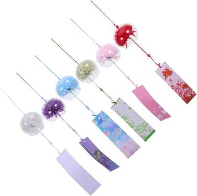 Produktbild von 6 japanische Windspiele aus farbigem Glas mit Blütenmotiv – 7cm Hängeglocken für Balkon, Fenster und die Sommerdekoration