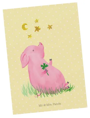 Produktbild von Mr. & Mrs. Panda Postkarte Schwein Glück - Gelb Pastell - Geschenk, Glücksbringer, Träume, Sterne, Grußkarte, Schweinchen, bildkarte, Lustige Sprüche, Fotokarte
