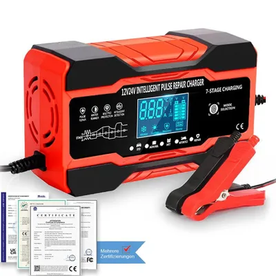 Produktbild von 10A Autobatterie Ladegerät, 12V/24V Smart Batterieladegerät, Vollautomatisch mit 7-Stufen-Ladung, Puls Reparatur, LCD-Display für Auto, LKW, Motorrad