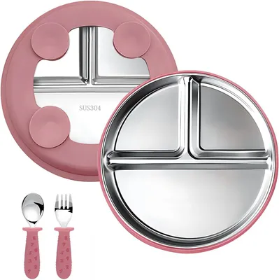 Produktbild von Baby Schüssel 3 Stück, Edelstahl, mit Saugnapf und Löffel, rutschfest, BPA-frei, für Hochstuhl