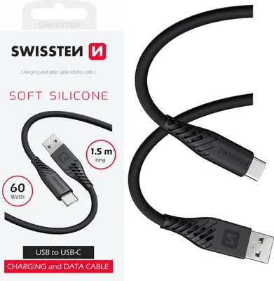 Image de Swissten Câble de données USB/USB-C en silicone souple 1,5 M 60W Noir