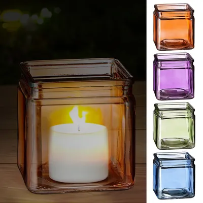 Produktbild von Windlicht Teelichtglas 4er Set Glas 10x10x10cm orange blau grün lila Teelichtglas Kerzenglas Glasgefäß Tischdekoration