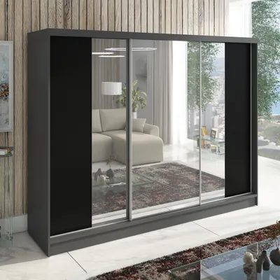 Produktbild von Schwebetürenschrank, 3 -türig Schrank 200 cm mit Spiegel VIDA (Graphit,Schwarz)