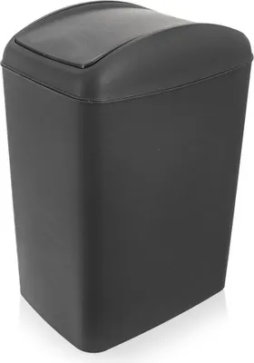 A dark gray trash can with a flip lid, shown from a slightly elevated front-left angle against a white background.