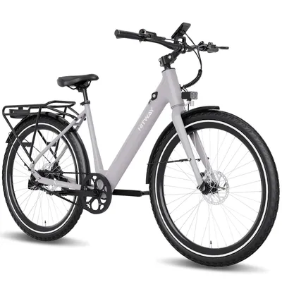 A studio shot of a gray electric bicycle against a white background.