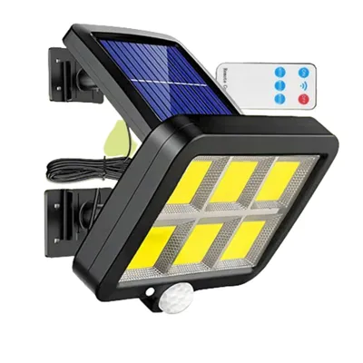 A solar-powered outdoor light with a motion sensor and remote control, shown against a white background.