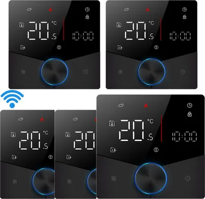 Produktbild von 5X Smart Tuya WiFi-Thermostat, Digital LED Raumthermostat Sprachsteuerung Wandthermostat fuer 3A Warmwasserbereitung Fussbodenheizung mit dimmbarer Lichtfarbe programmierbarer kompatibel mit Tmall Genie, Amazon Google Home,Schwarz