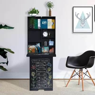 Produktbild von SUGIFT Wandklapptisch mit Schreibtafel & Regal, Wandschreibtisch klappbar, MDF, Schwarz | 60 x 94,5 x 147 cm | 5 Fächer | max. 30 kg