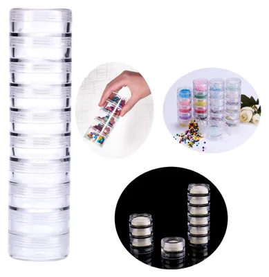 Produktbild von 20 Stück stapelbare Kunststoffbehälter, 19 x 3,5 cm, transparente Aufbewahrungsbox, runde Organizer-Gläser für Perlen, Knöpfe, DIY-Kunsthandwerk, Schmuck, Nagelzubehör