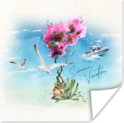 Produktbild von MuchoWow® Poster Blume - Boot - Vogel 50x50 cm - Wohnzimmerdekoration