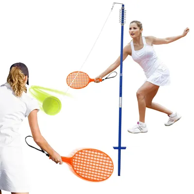 Immagine prodotto di COSTWAY Set di tetherball regolabile in altezza a 3 livelli, set di twistball con pallina｜2 racchette ｜120cm, pallina da tennis su corda, gioco di tennis per gioco individuale e di squadra