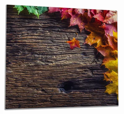 Produktbild von Wallario Herdabdeckplatte aus Glas, Größe 60 x 52 cm 1-teilig, Motiv Herbstblätter auf altem Holz