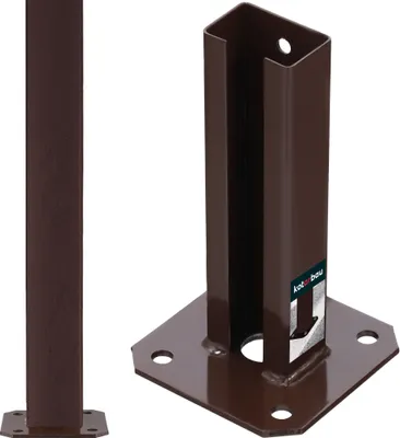Two brown metal post supports are shown against a white background. One is a full post, and the other is a base with a post attached.