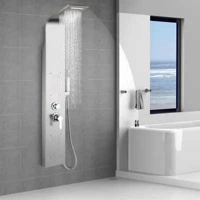 Produktbild von Duschpaneel, Duschturm-Paneelsystem, 4 Funktionen Duschpaneel mit Regendusche,Wasserfall, Handbrause, Schmal Duschsäule Edelstahl (Höhe 140cm)