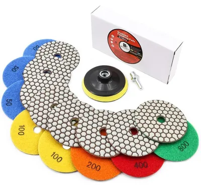Obrázek produktu pro Sada diamantových lešticích kotoučů o průměru 100 mm, zrnitost #50, 3 kusy; zrnitost #100, 2 kusy; zrnitost #200, 1 kus; zrnitost #400, 1 kus; zrnitost #800, 1 kus, určené pro leštění granitu, kamene, betonu a mramoru, s podložkou M14