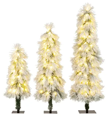 Produktbild von 3er-Set Künstlicher Weihnachtsbaum, 90/120/150 cm Tannenbaum mit Beleuchtung & Schnee, Christbaum mit 30/50/66 Zweigspitzen & 30/50/70 LED-Lichtern