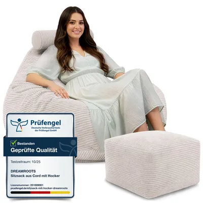 Image de Dreamroots Bean Bag 90x90x100 cm Pouf avec dossier et tabouret et housse Coussin de sol Chill Sack Bubibag Pouf avec remplissage, White Dove