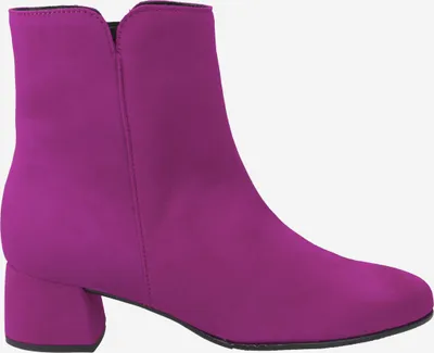 A side view of a single pink boot against a white background.