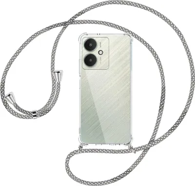 Produktbild von Handykette Backcover-Schutzhülle mit Band (Metall silberfarben) für Xiaomi Redmi 13C 5G, Poco M6 5G - weiß/grau kariert