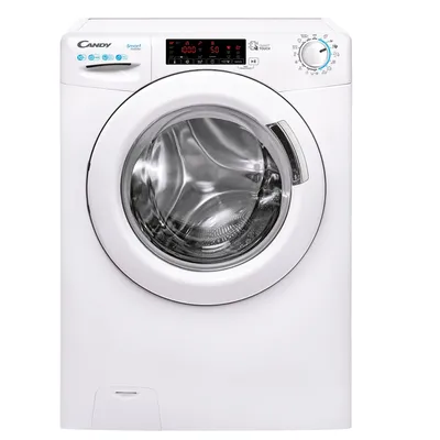 A front view of a white Candy washing machine against a white background.