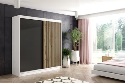 Produktbild von ALTDECOR Kleiderschrank mit Lamel-Schiebetüren, kugelgelagerte Führungsschienen und Aluminium-Leisten - VILO - 200 cm - Weiß/Lamelle Eiche Wotan